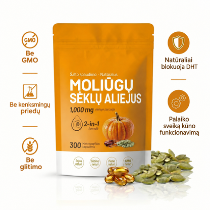 Moliūgų sėklų aliejus ir palmių sereno ekstraktas