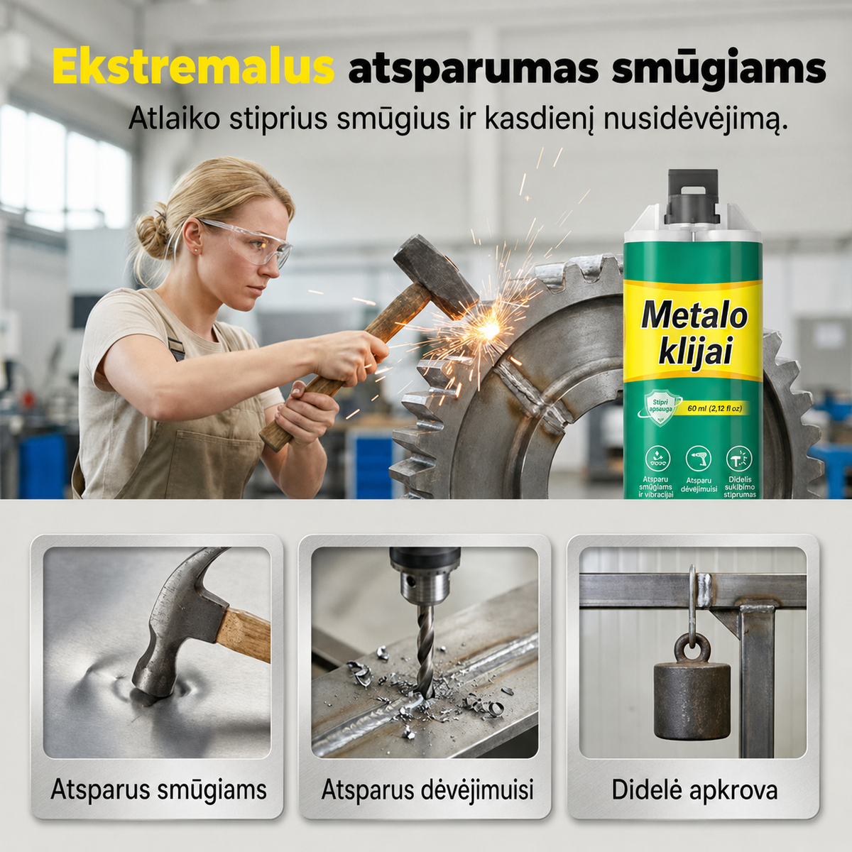 Didelio stiprumo AB metalo remonto klijai